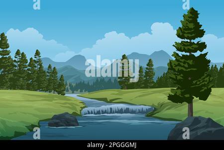 Wunderschöne Waldlandschaft mit Berg und Fluss Stock Vektor