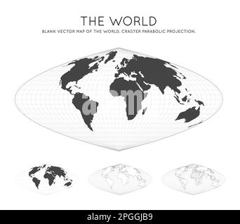 Karte der Welt. Craster-Parabolprojektion. Globus mit Breiten- und Längengraden. Weltkarte auf Meridianen und Parallelen Hintergrund. Stock Vektor