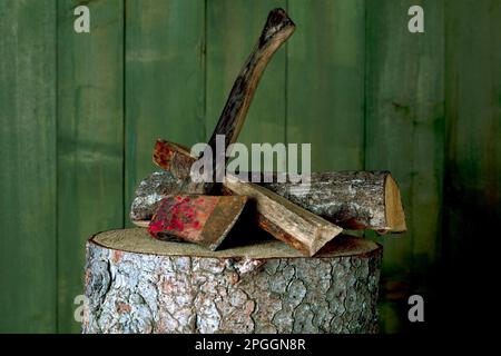 Axt auf Hackblock mit Holzstamm vor grüner Holzwand, Studioaufnahme, Deutschland Stockfoto