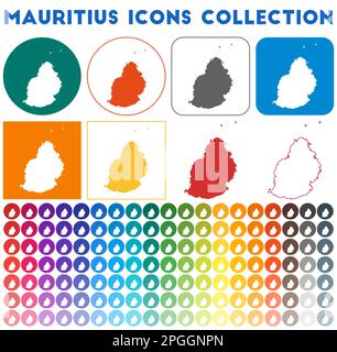 Mauritius Icons Kollektion. Bunte, trendige Kartensymbole. Modernes Mauritius-Abzeichen mit Inselkarte. Vektorabbildung. Stock Vektor