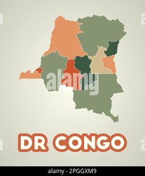 DR. Congo Poster im Retro-Stil. Landkarte mit Regionen in der Herbstfarbpalette. Form der DR Kongo mit Ländernamen. Stock Vektor