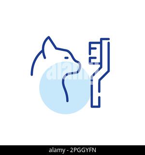 Katze und Zahnbürste. Tiermedizin. Pixelgenaue, bearbeitbare Konturlinie Stock Vektor