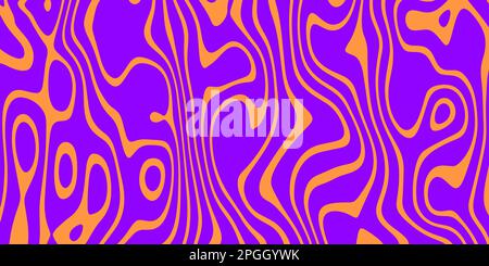 Retro-groovy Hintergrund. Alte, trügerische, psychedelische Tapete. Lila-orangefarbene Flüssig-Hippie-Textur. Säurelackiertes Wellenmuster für Poster im 60s- oder 70s-Stil. Vektor Stock Vektor