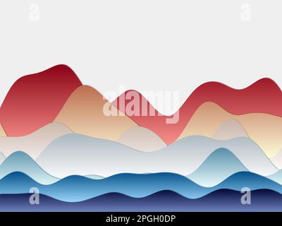 Abstrakter Berghintergrund. Gekrümmte Schichten in roten und blauen Farben. Hügel im PaperCut-Stil. Klassische Vektorillustration. Stock Vektor