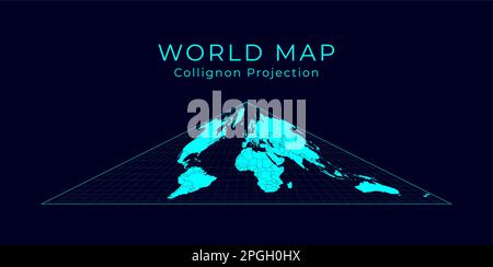 Karte der Welt. Kollignon-EQUAL-Area-pseudozylindrische Projektion. Futuristische Infografik-Weltillustration. Helle Cyan-Farben auf dunklem Hintergrund. Stock Vektor