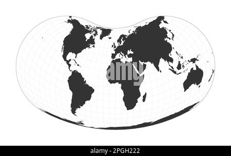 Karte der Welt. Hill euzyklische Projektion. Globus mit Breiten- und Längengrad-Netz. Weltkarte auf Meridianen und Parallelen Hintergrund. Stock Vektor