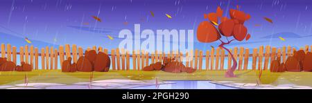 Herbstgarten mit Holzzaun, Regenwettervektor. Leerer Hinterhof mit gepflastertem Boden und Busch, fliegende Blätter. Außenansicht auf dem Land mit Fußgängerbereich, Pfütze Stock Vektor