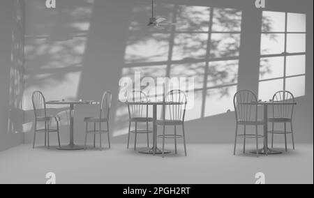 3D Illustration eines leeren Cafés mit Tischen, Stühlen und Ventilator und Schatten von Jalousien und Bäumen. Stockfoto