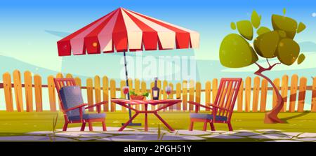 Garten im Hinterhof mit Tisch- und Weinflaschen-Vektorfilm-Hintergrund. Sommerhaus Terrasse für Picknick-Party. Sonnige Außenszene im Hinterhof illustr Stock Vektor