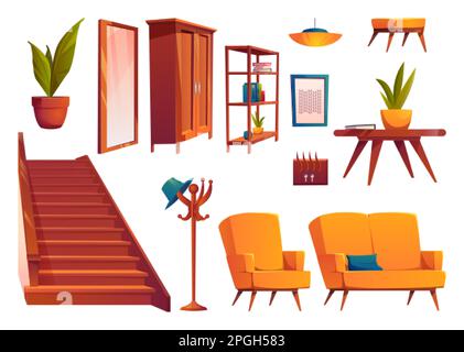 Wohnzimmer Flur Vektormöbel Cartoon-Set. Isolierte Treppe, Couchtisch, Sessel und Sofa auf weißem Hintergrund zum Bau eines eigenen Flurs Stock Vektor