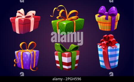 Set geschlossener Geschenkboxen, isoliert im Hintergrund. Vektordarstellung bunter gestreifter, gepunkteter Überraschungspakete mit Schleife und Lig Stock Vektor