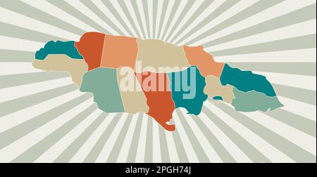 Jamaika Karte. Poster mit Landkarte in Retro-Farbpalette. Form von Jamaika mit Sonnenstrahlen Hintergrund. Vektorabbildung. Stock Vektor