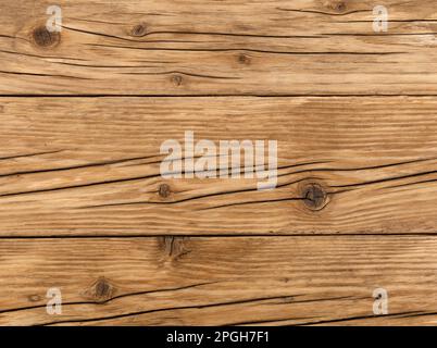 Rustikaler Holzhintergrund, Textur alter verwitterter Lärchenbretter mit Rissen und Knotholen Stockfoto
