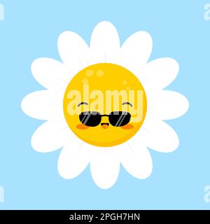 Gänseblümchen lächeln Gesicht fröhliche, süße Figur mit Sonnenbrille. Stock Vektor