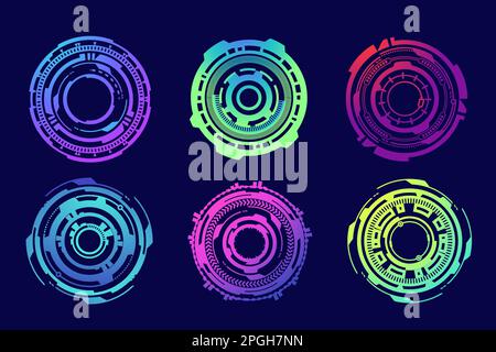 Futuristische HUD-Elemente. Abstraktes optisches Neon-AIM. Kreisen Sie geometrische Formen für virtuelle Oberflächen und Spiele ein. Kamera-Sucher für Scharfschützenwaffe Stock Vektor