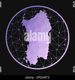 Symbol Sardinien. Polygonale Vektorkarte der Insel. Sardinien-Ikone im geometrischen Stil. Die Inselkarte mit violettem, niedrigem Poly-Verlauf auf dunklem Hintergrund. Stock Vektor