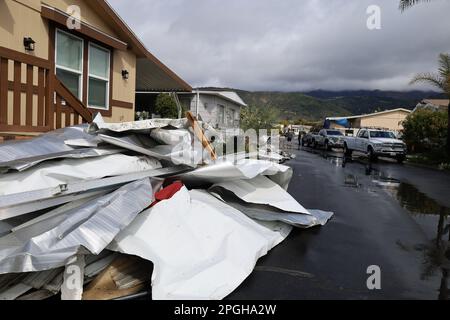 Carpinteria, Kalifornien, USA. 22. März 2023. Am Dienstag, den 21. März 2023 um 6:00pm, schwirrte ein verrückter Tornado durch den Sandpiper Mobile Home Park in Carpinteria, Kalifornien. Tornados sind sehr ungewöhnlich an der Küste und geschahen während des atmosphärischen Flussturms, der bereits Bewohner des Santa Barbara County in höchster Alarmbereitschaft hatte. Der Wirbelwind riss Dächer ab, zerstörte Autohäfen und verletzte mindestens eine Person. Kredit: ZUMA Press, Inc./Alamy Live News Stockfoto