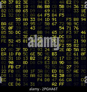 Digitale Abdeckung. Hintergrund mit gelben ausgefüllten Hexadezimalpaaren. Kleines nahtloses Muster. Wunderschöne Vektorillustration. Stock Vektor