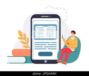 Online-Bibliothek, eBook lesen, im Internet lernen. Ein Mann sitzt auf einem Stuhl und hält ein Smartphone mit einem Lehrbuch. E-Learning-Konzept Stock Vektor