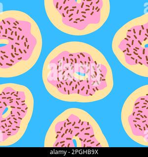 Nahtloses Muster von Donut-Ringen im flachen Cartoon-Stil. Mit Schokoladenstreuseln, rosa Sahne und Weizenbasis. Süße Bäckerei. Farbenfrohe Vektordarstellung Stock Vektor
