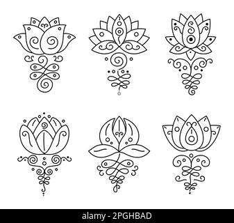 Unheimlicher Lotus. Böhmische Blütentätowierung, buddhistisches Lebenswegzeichen und Zen-Geometrie. Symbol für Schönheit und Wellness Stock Vektor