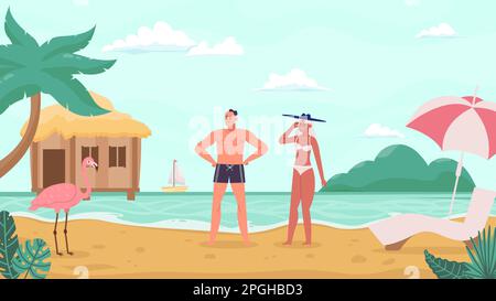 Ein Paar, das sich am tropischen Sandstrand erholt. Cartoon-Leute, die Urlaub auf einer tropischen Insel mit Palmen machen Stock Vektor