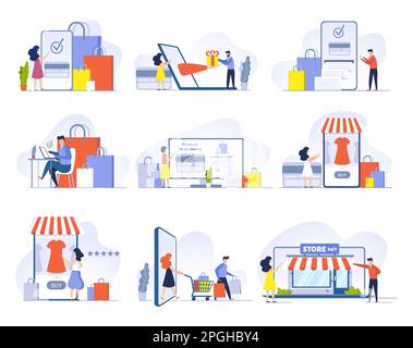 Online-Shopping, Mobile-Shopping, Internet-Shop und Shop-Website auf Smartphone Vektorbilder Set Stock Vektor