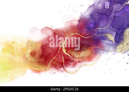 Abstrakte fließende Kunst mit Alkohol-Tinte-Technik und Aquarell-Malerei, dekoriert mit goldener Folie Glitzer Spritzer luxuriös. Geeignet für Hintergründe, BA Stockfoto