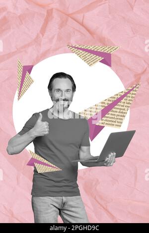 Kreative Trendcollage eines männlichen mittleren Reifegrades mit der Daumen-nach-oben-Hand-Geste, die Zeichen-halten-Computer Netbook Papierebene Texteingabe-Chats zeigt Stockfoto
