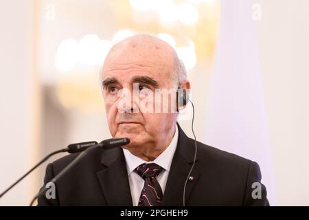 RIGA, LETTLAND. 22. März 2023 George Vella (auf Foto), Präsident von Malta und Präsident von Egils Levits von Lettland, während der Pressekonferenz nach dem Treffen im Schloss Riga. Stockfoto