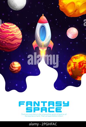 Raketenabschuss in den Fantasy-Raum. Vektorhintergrund mit Raumschifffahrt im Universum. Ein Shuttle mit weißem Rauchrahmen fliegt in einer fremden Galaxie mit Plan Stock Vektor