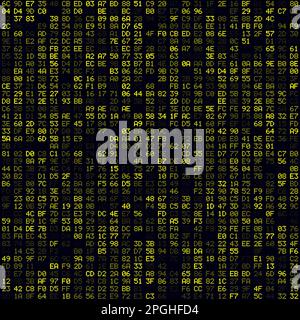 Abstrakter Technologiehintergrund. Hintergrund mit gelben ausgefüllten Hexadezimalpaaren. Mittelgroßes nahtloses Muster. Lebendige Vektor-Illustration. Stock Vektor