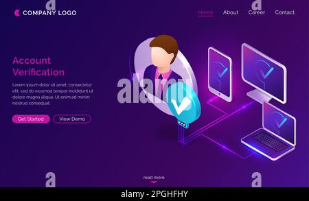 Isometrische Landing-Page zur Kontoüberprüfung, Smartphone, Computer und Laptop über ein Benutzerprofil verbunden, mit Avatar und Häkchen auf dem Bildschirm, Abbildung des Authentifizierungsvektors 3D, Webbanner Stock Vektor