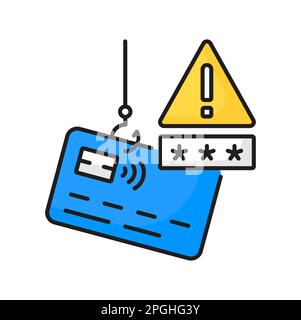 Phishing-Login und Passwort von Kreditkarte auf Angelhaken, Warnschild. Konzept der Internet- und Netzwerksicherheit. Online-Betrug hacken Stock Vektor