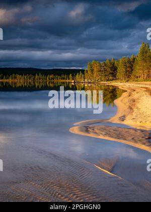 Eine abendliche Landschaft des Femunden-Sees in Norwegen, die einen ruhigen Sommerhimmel widerspiegelt und von Sand, Bäumen und Wildnis umgeben ist. Stockfoto