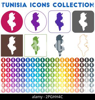 Tunisia Icons Kollektion. Bunte, trendige Kartensymbole. Modernes Tunesien-Abzeichen mit Landkarte. Vektorabbildung. Stock Vektor