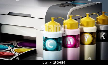 CMYK-Tinte füllen Flaschen und Tintenstrahldrucker isoliert auf weißem Hintergrund. 3D Illustration. Stockfoto