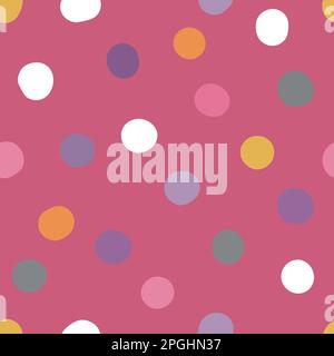 Nahtloses neutrales Punktmuster. Farbenfrohe, handgezeichnete Kreise auf pinkfarbenem Hintergrund. Abstraktes Bright Points Ornament. Abbildung der Vektorbeleuchtung für Ba Stock Vektor