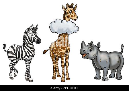 Süßes Nashorn, Giraffe und Zebra. Isolierte Schablone mit lustigen und glücklichen Tieren. Malseite für Kinder. Stockfoto