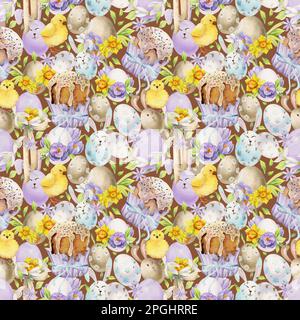 Hausgezeichneter Höhepunkt der Osterfeier in Aquarell. Nahtloses Muster mit bemalten Eiern, Schleifen, Blumen. Pastellfarben. Isoliert auf farbigem Hintergrund. Für Stockfoto