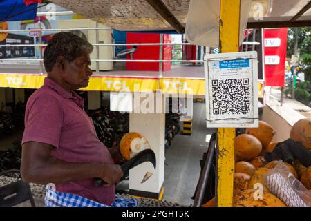 QR-Code für bargeldlose Zahlungen auf dem Stand eines Kokosnussverkäufers in Trichy, Tamil Nadu, Indien Stockfoto