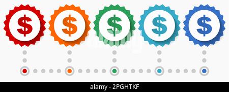 Symbolsatz für Dollarvektoren, farbenfrohe Infografik-Vorlage, Satz flacher Badge-Symbole in 5 Farboptionen Stock Vektor