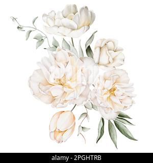 Aquarelle Blumenstrauß mit weißen, zarten Blumen und grünen Blättern. Illustrationen, isoliert auf weißem Hintergrund für Kränze, Hochzeitseinladungen, an Stockfoto