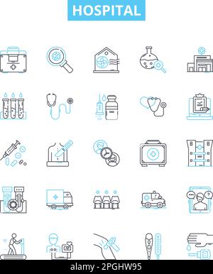 Symbole für Krankenhausvektorlinien eingestellt. Krankenhaus, Medizinisch, Pflege, Behandlung, Einrichtung, Notfall, Klinikabbildung umrissen Konzeptsymbole und -Zeichen Stock Vektor