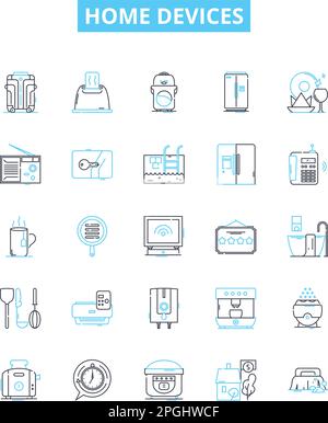 Vektorliniensymbole für Home-Geräte festgelegt. Geräte, Elektronik, Fernsehen, Kühlschrank, Computer, Symbole für das Konzept der Beleuchtung und der Heizung Stock Vektor