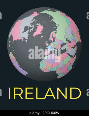 Weltkarte mit Schwerpunkt auf Irland. Rotes Land hervorgehoben. Satellitenansicht der Welt mit dem Namen des Landes. Vektorabbildung. Stock Vektor