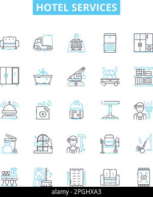 Hotel Services Vektorliniensymbole gesetzt. Unterkunft, Annehmlichkeiten, Restaurants, Catering, Spa, Pool, Schwimmdarstellung umrissen Konzeptsymbole und Stock Vektor