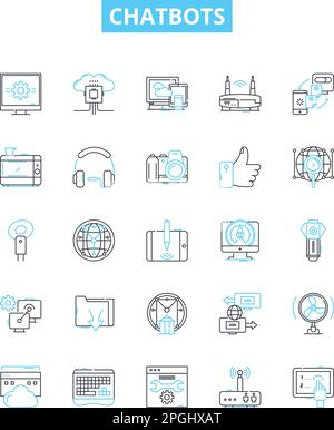 Symbole für Chatbots-Vektorlinien festgelegt. Chatbots, KI, Automatisierung, Dialog, Konversation, Virtuelle NLP-Darstellung umreißt Konzeptsymbole und -Zeichen Stock Vektor