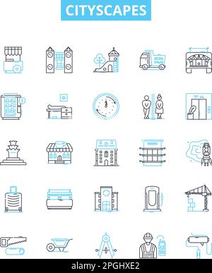 Symbole für Vektorlinien für Stadtlandschaften festgelegt. Stadt, Skyline, Metropole, Metropolen, vista, Architektur, Gebäude Illustration umrissen Konzeptsymbole und Stock Vektor