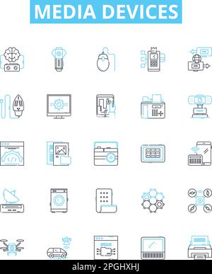 Vektorlinien-Symbole für Mediengeräte festgelegt. Geräte, Medien, Fernsehen, Radios, Lautsprecher, Drucker, Computerabbildung umreißt Symbole und Schilder Stock Vektor